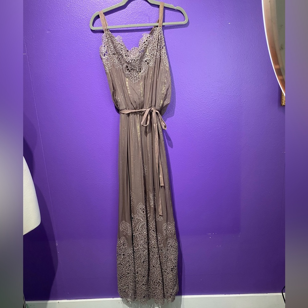 BCBGMaxAzria warm grey and gold dress